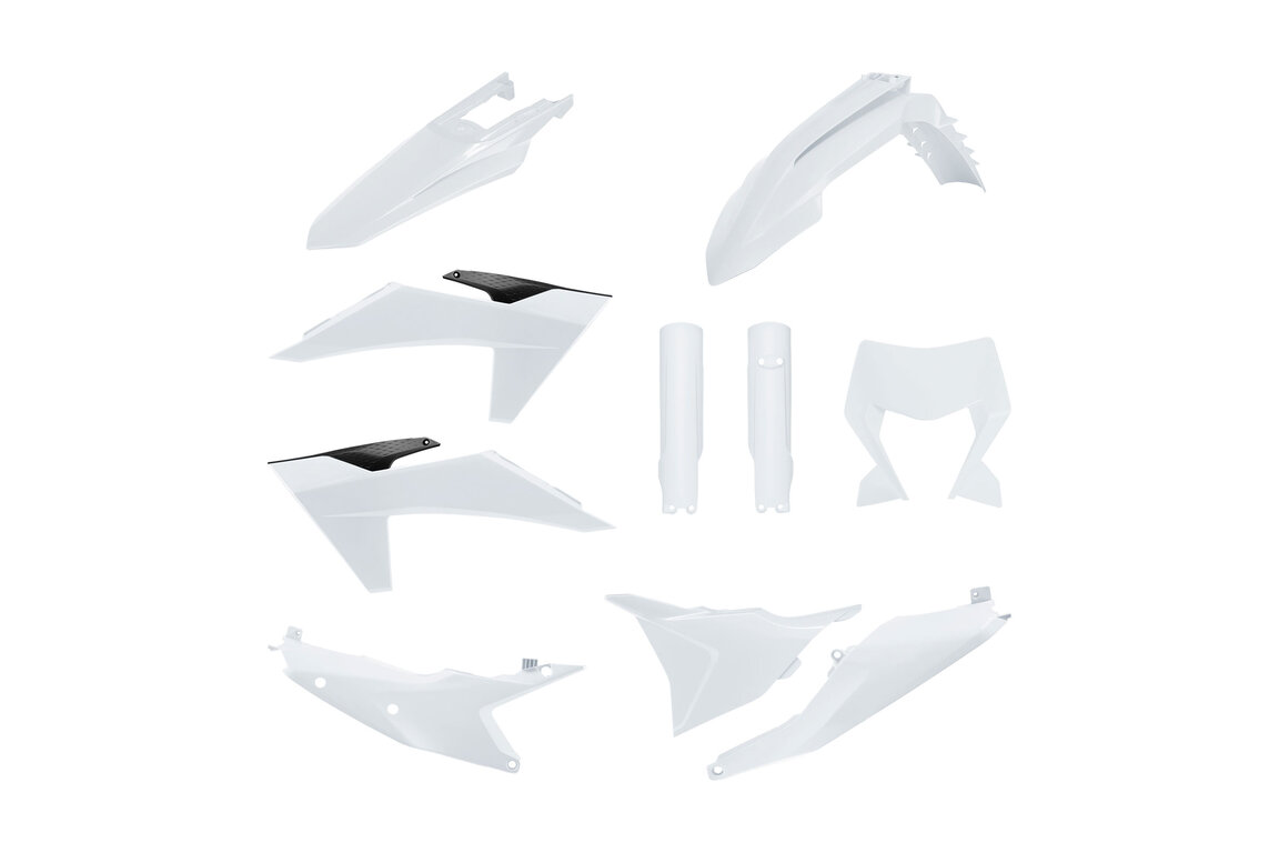 Polisport White with Forks Plastic Kit for KTM: EXC350F (2024-2025), EXC450F (2024-2025), EXC500F (2024-2025), XCF450W (2024-2025), XCW150 (2024-2025), XCW250 (2024-2025), XCW300 (2024-2025), XCW300 Factory Edition (2025), XW-F 350 (2024), XW-F 500 (2024)