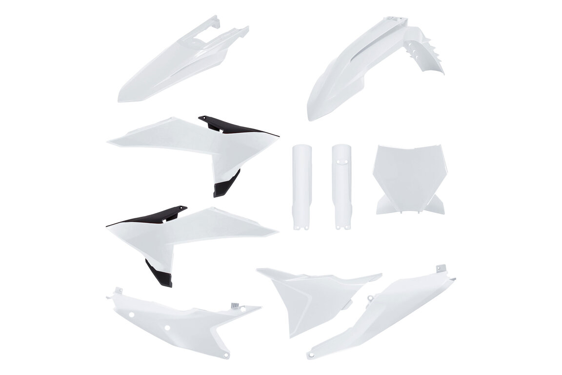 Polisport White with Forks Plastic Kit for KTM: SX125 (2025-2026), SX150 (2025-2026), SX250 (2025-2026), SX300 (2025-2026), SXF250 (2025-2026), SXF350 (2025-2026), SXF450 (2025-2026), XC125 (2025), XC250 (2025-2026), XC300 (2025-2026), XCF250 (2025-2026), XCF350 (2025), XCF450 (2025-2026)