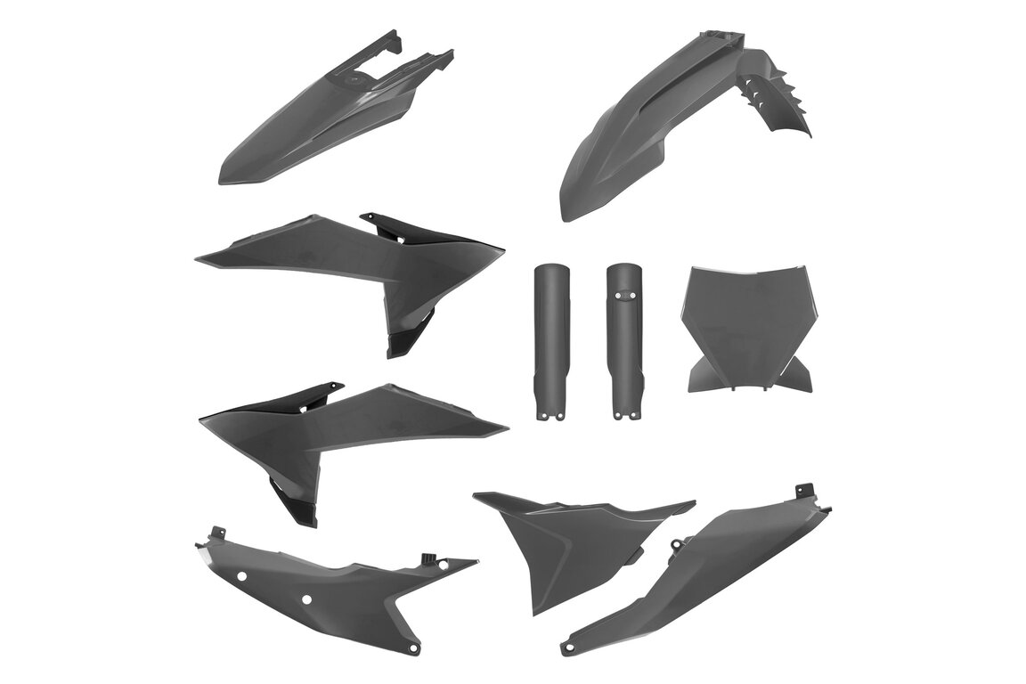 Polisport Nardo Grey with Forks Plastic Kit for KTM: SX125 (2025-2026), SX150 (2025-2026), SX250 (2025-2026), SX300 (2025-2026), SXF250 (2025-2026), SXF350 (2025-2026), SXF450 (2025-2026), XC125 (2025), XC250 (2025-2026), XC300 (2025-2026), XCF250 (2025-2026), XCF350 (2025), XCF450 (2025-2026)