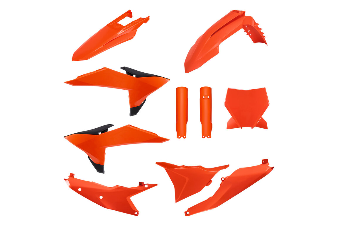 Polisport Orange with Forks Plastic Kit for KTM: SX125 (2025-2026), SX150 (2025-2026), SX250 (2025-2026), SX300 (2025-2026), SXF250 (2025-2026), SXF350 (2025-2026), SXF450 (2025-2026), XC125 (2025), XC250 (2025-2026), XC300 (2025-2026), XCF250 (2025-2026), XCF350 (2025), XCF450 (2025-2026)