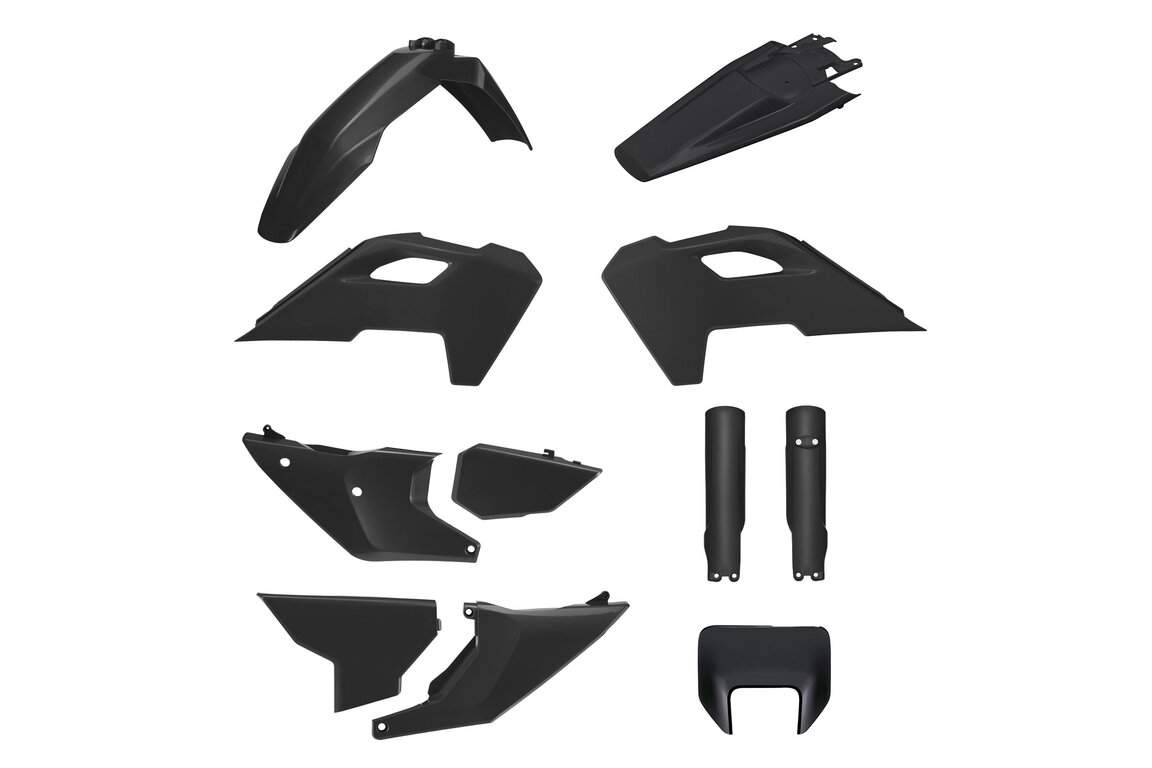 Polisport Black Plastic Kit for Husqvarna: FE350s (2024-2025), FE350w (2024), FE450 (2024-2025), FE501s (2024-2025), FE501w (2024), TE150 (2024-2025), TE250 (2024-2025), TE300 (2024-2025), TE300 Pro (2025)