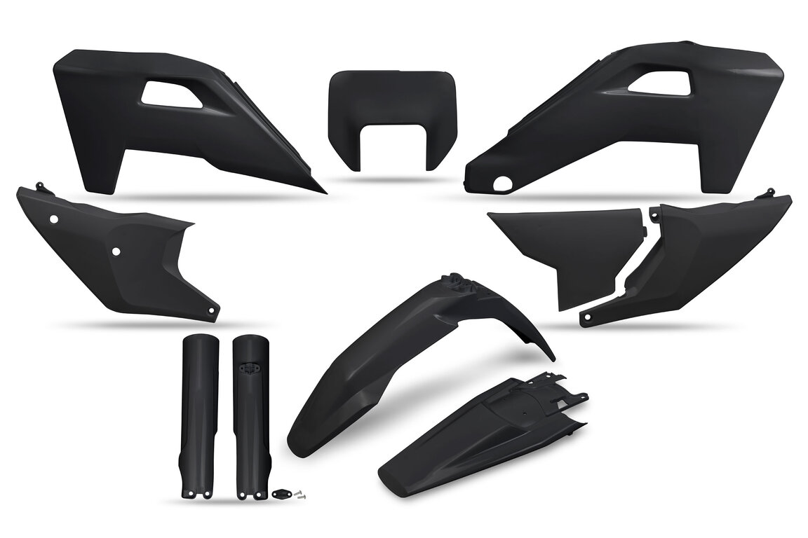 UFO Black w/Forks Plastic Kit for Husqvarna: FE350s (2024-2025), FE350w (2024), FE450 (2024-2025), FE501s (2024-2025), FE501w (2024), TE150 (2024-2025), TE250 (2024-2025), TE300 (2024-2025), TE300 Pro (2025)
