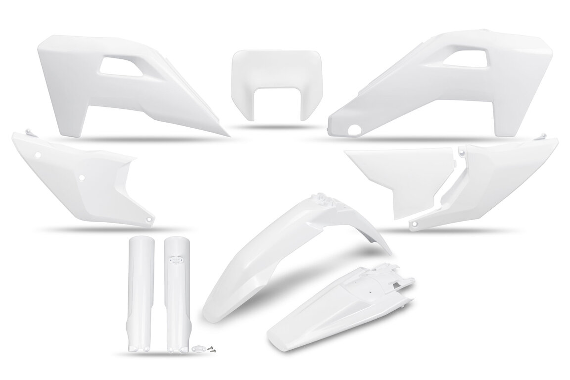 UFO White w/Forks Plastic Kit for Husqvarna: FE350s (2024-2025), FE350w (2024), FE450 (2024-2025), FE501s (2024-2025), FE501w (2024), TE150 (2024-2025), TE250 (2024-2025), TE300 (2024-2025), TE300 Pro (2025)