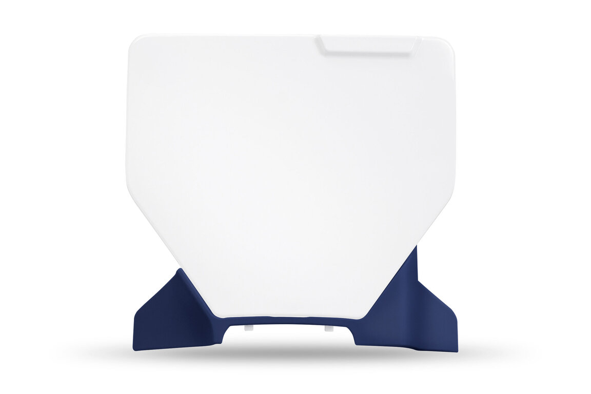 UFO White with Blue Extention Front Number Plate w/ Ext for Husqvarna: FC250 (2023-2027), FC250 Factory Edition (2025-2026), FC250 Rockstar Edition (2022-2024), FC350 (2023-2027), FC350 Heritage (2023, 2025), FC450 (2023-2027), FC450 Factory Edition (2025-2026), FC450 Rockstar Edition (2022-2024), ...and more