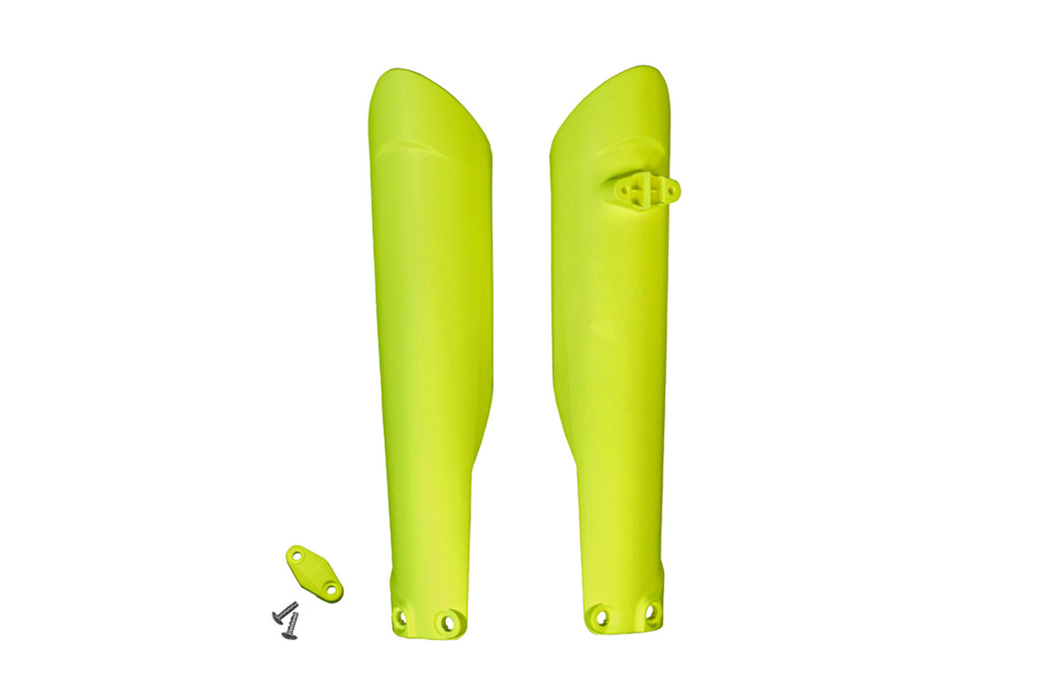 UFO Yellow Lower Fork Guards for GasGas: EC250 (2021-2023), EC250F (2021-2023), EC300 (2021-2023), EC350F (2021-2023), EX250 (2023), EX250F (2021-2023), EX300 (2021-2023), EX350F (2021-2023), EX450F (2021-2023), MC 125 (2021-2023), MC 250 (2023), MC250F (2021-2023), MC350...and more