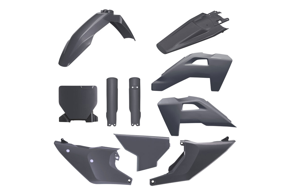 Polisport Nardo Grey with Forks Plastic Kit for Husqvarna: FC250 (2025, 2027), FC350 (2025-2027), FC350 Heritage (2025), FC450 (2025-2027), FX350 (2025-2027), FX350 Heritage (2025), FX450 (2027), TC (2025), TC 150 (2025), TC125 (2025-2027), TC150 Heritage (2025), TC250 (2025-2027), TC25...and more