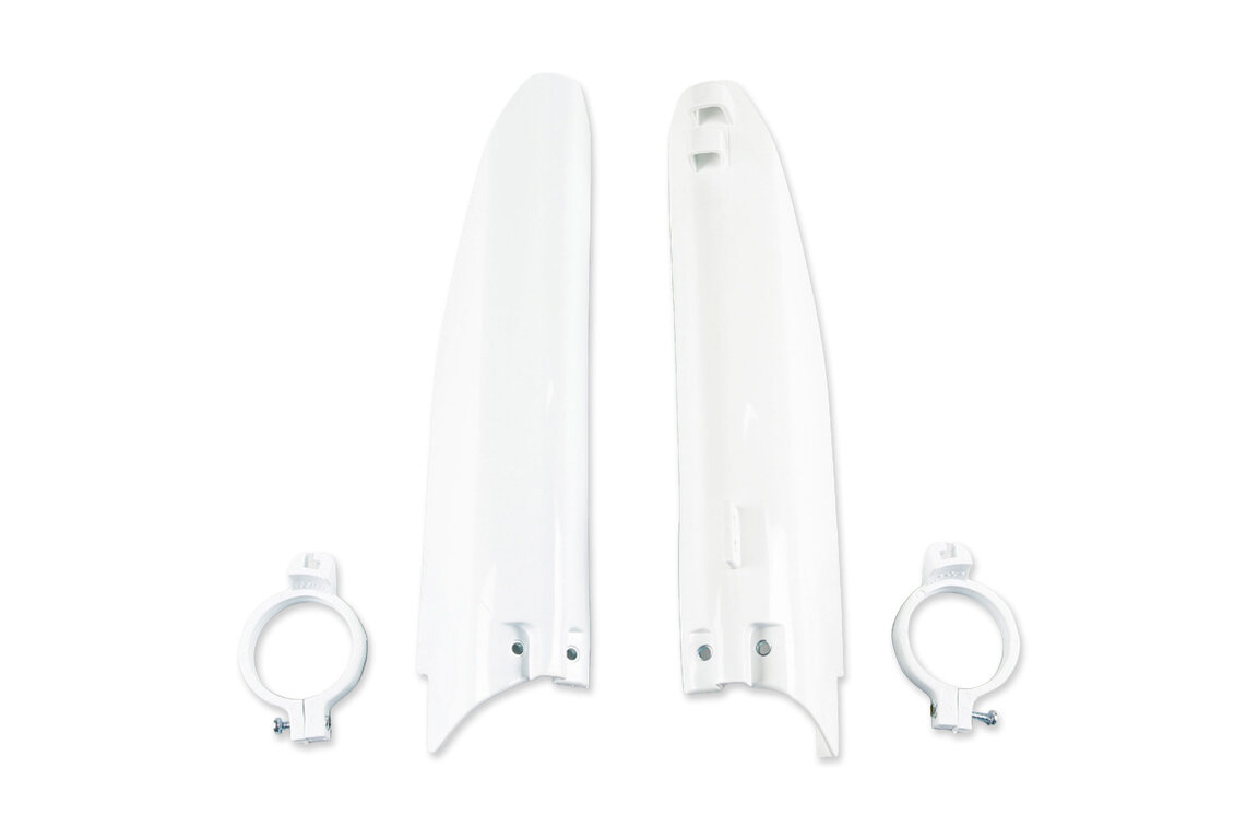 UFO White Lower Fork Guards for Suzuki: RM125 (2001-2003), RM250 (2001-2003)