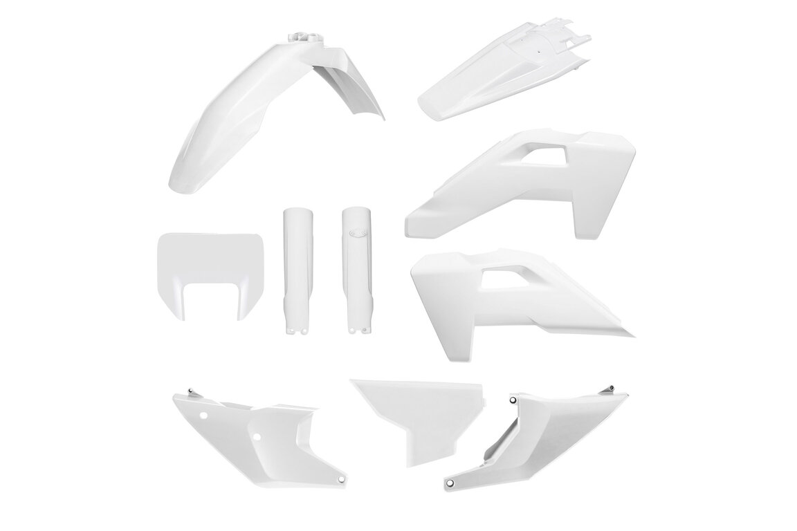 Polisport White with Forks Plastic Kit for Husqvarna: FE350s (2026-2027), FE350s Heritage (2025), FE450 (2026), FE450 Heritage (2025), FE501s (2026-2027), FE501s Heritage (2025), TE150 (2026-2027), TE250 (2026-2027), TE300 (2026-2027), TE300 Heritage (2025), TE300 Pro (2026)