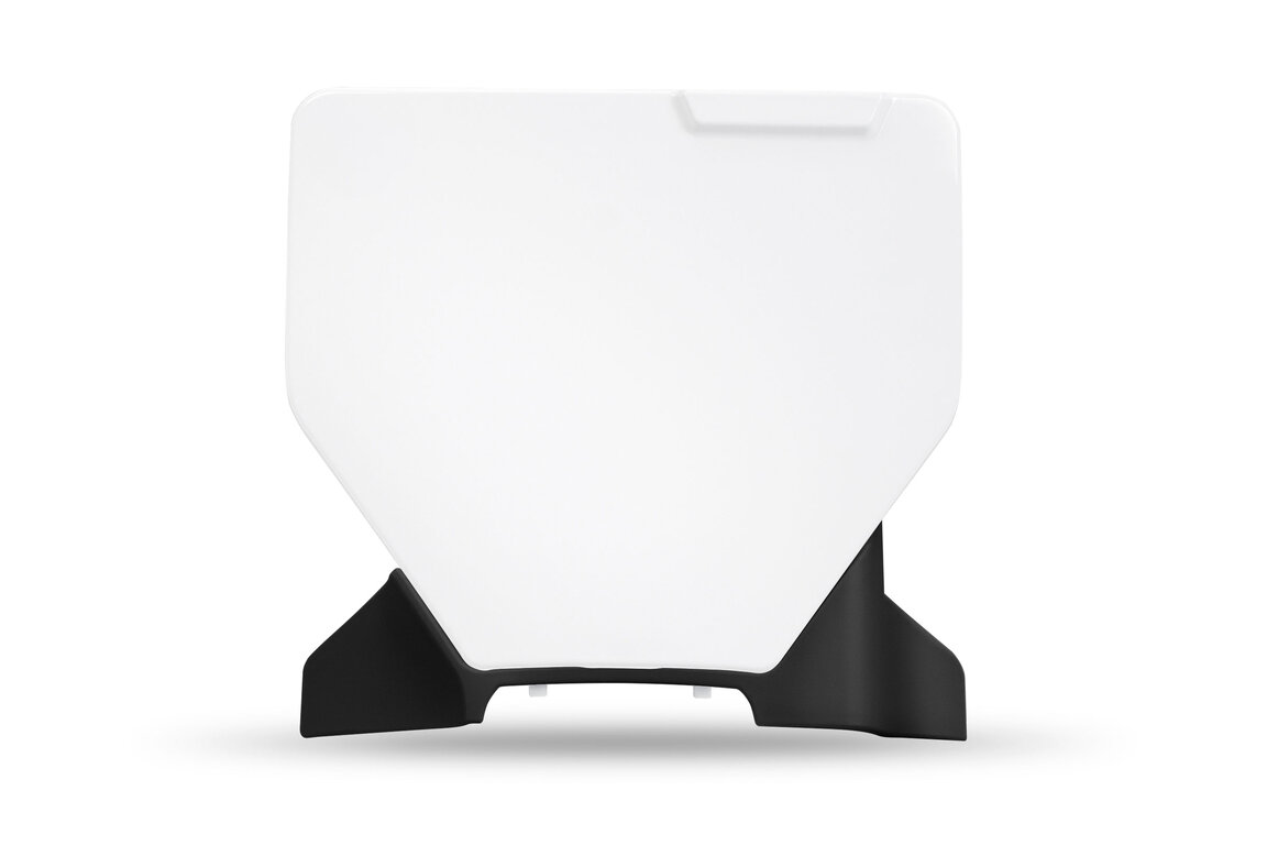 UFO White with Black Extention Front Number Plate w/ Ext for Husqvarna: FC250 (2023-2027), FC250 Factory Edition (2025-2026), FC250 Rockstar Edition (2022-2024), FC350 (2023-2027), FC350 Heritage (2023, 2025), FC450 (2023-2027), FC450 Factory Edition (2025-2026), FC450 Rockstar Edition (2022-2024), ...and more