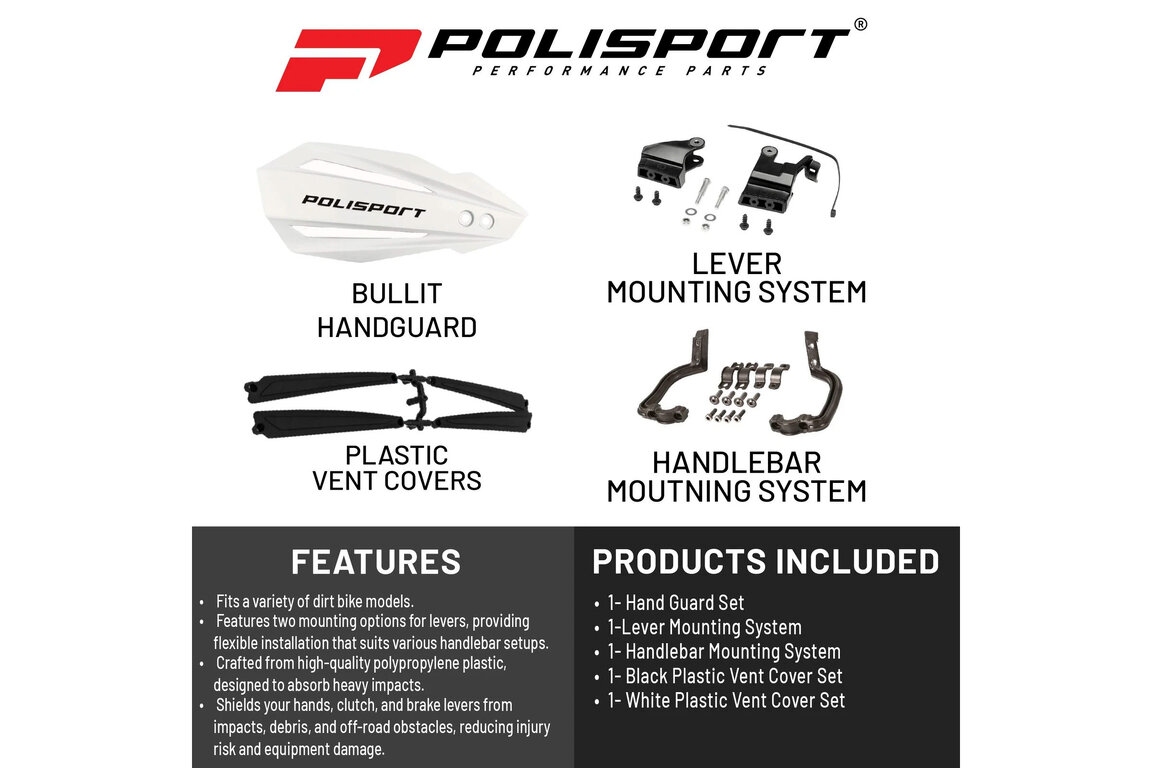 Polisport White Bullit Handguard for Yamaha: WR250F (2009-2013, 2015-2027), WR250R/X (2009-2020), WR450F (2008-2027), YZ125 (2008-2027), YZ125X (2020-2027), YZ250 (2008-2027), YZ250F (2008-2027), YZ250FX (2015-2027), YZ250X (2016-2027), YZ450F (2008-2027), YZ450FX (2016-2027)