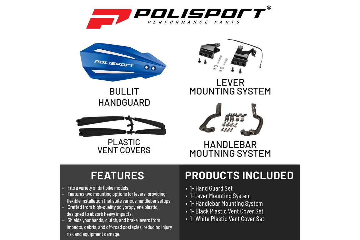Polisport Blue Bullit Handguard for Yamaha: WR250F (2009-2013, 2015-2027), WR250R/X (2009-2020), WR450F (2008-2027), YZ125 (2008-2027), YZ125X (2020-2027), YZ250 (2008-2027), YZ250F (2008-2027), YZ250FX (2015-2027), YZ250X (2016-2027), YZ450F (2008-2027), YZ450FX (2016-2027)