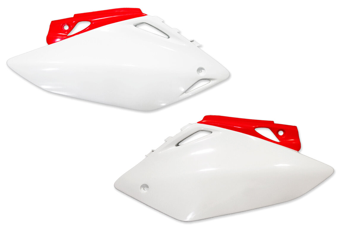 UFO White / Red Side Number Plates for Honda: CRF450R (2005-2006)