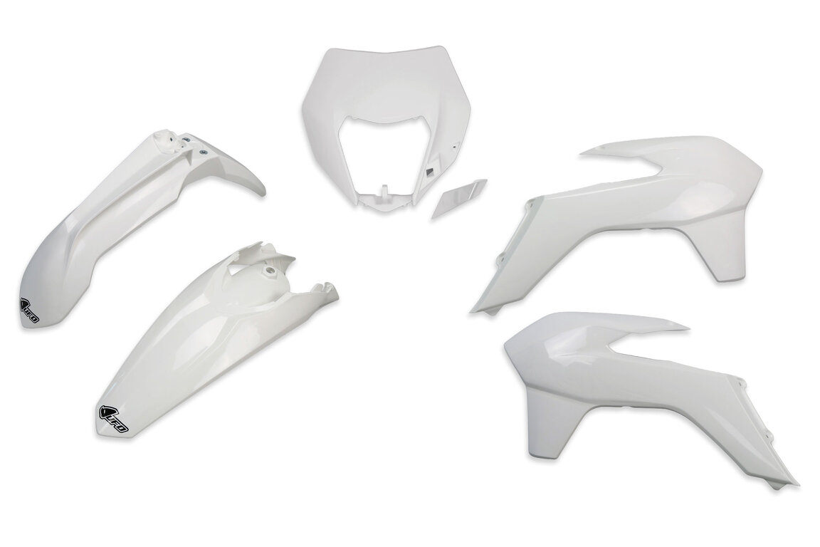 UFO White Plastic Kit for KTM: EXC125 (2016), EXC200 (2016), EXC250 (2016), EXC250F (2014-2016), EXC300 (2014, 2016), EXC350F (2014-2016), EXC450 (2014-2016), EXC500 (2014-2016), XCF250W (2014-2016), XCF350W (2014-2016)