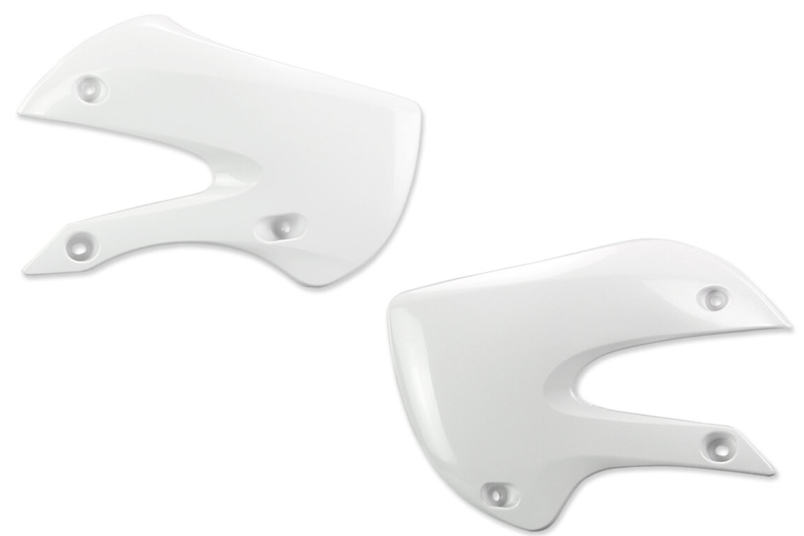 UFO White Radiator Shroud Set for Kawasaki: KLX110 (2001-2009), KX65 (2000-2026), Suzuki: RM65 (2003-2007)