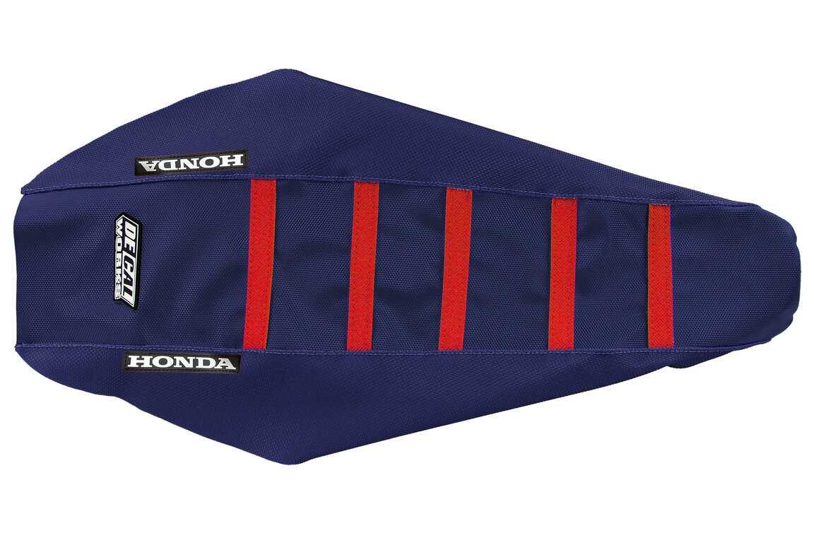 DeCal Works Navy Navy Red with Honda logo Gripper Ribbed Seat Covers for Honda: CRF450R (2027), CRF450R HRC Works Edition (2027)
