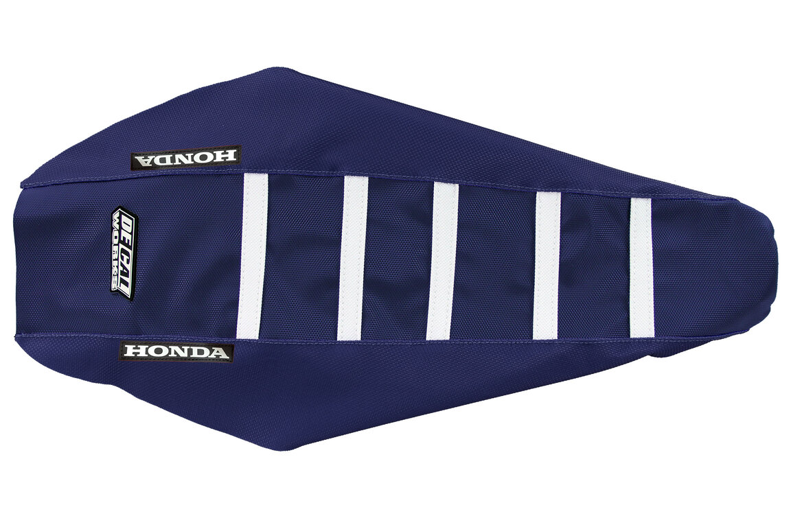 DeCal Works Navy Navy White with Honda logo Gripper Ribbed Seat Covers for Honda: CRF450R (2027), CRF450R HRC Works Edition (2027)