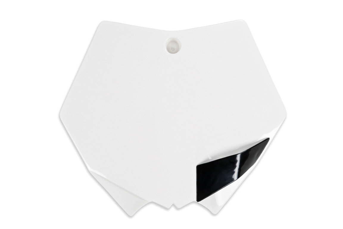 UFO White Front Number Plate for KTM: SMR450 (2008), SX125 (2007-2012), SX144 (2007-2008), SX150 (2009-2012), SX250 (2007-2012), SXF250 (2007-2012), SXF350 (2011-2012), SXF450 (2007-2012), SXF505 (2007-2008), XC150 (2011-2012), XC200 (2008-2010), XC250 (2008-2012), XC300 ...and more