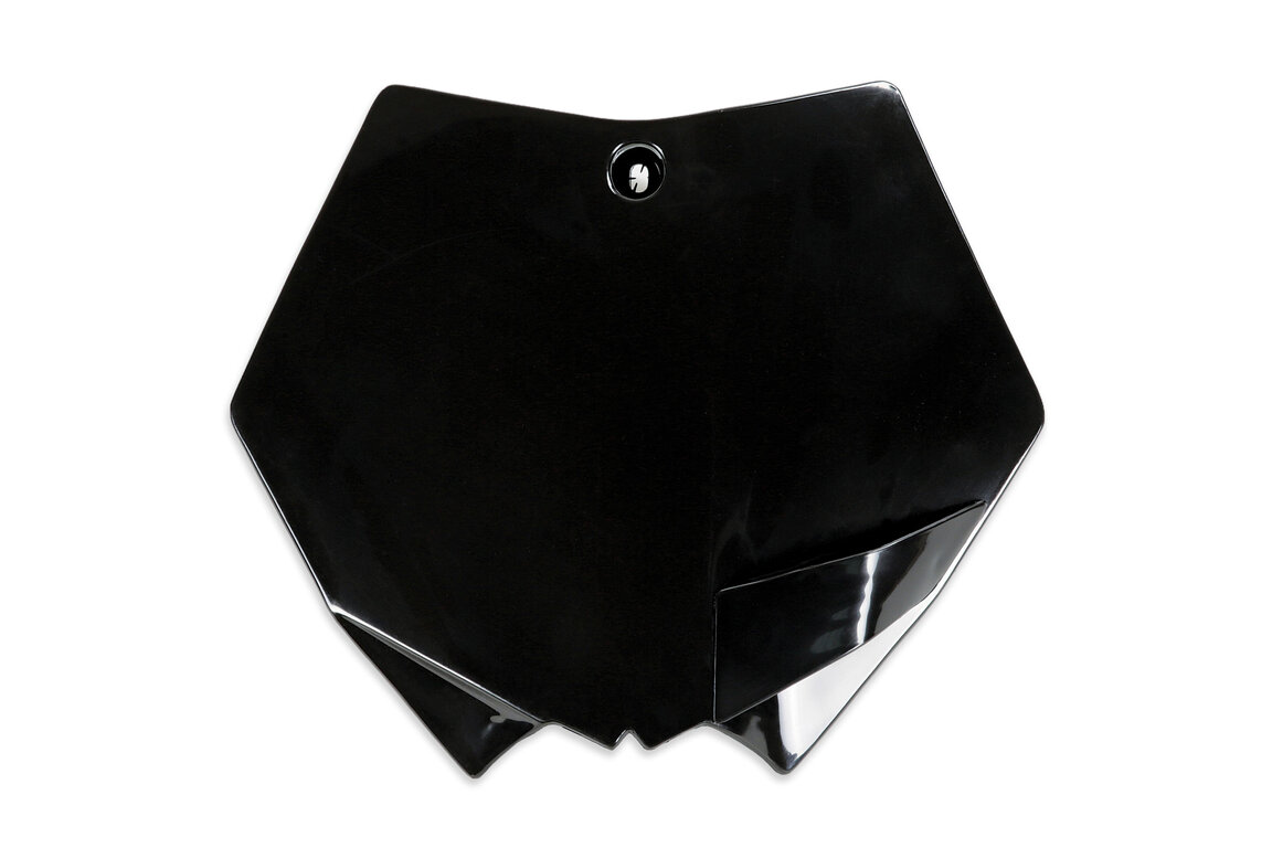UFO Black Front Number Plate for KTM: SMR450 (2008), SX125 (2007-2012), SX144 (2007-2008), SX150 (2009-2012), SX250 (2007-2012), SXF250 (2007-2012), SXF350 (2011-2012), SXF450 (2007-2012), SXF505 (2007-2008), XC150 (2011-2012), XC200 (2008-2010), XC250 (2008-2012), XC300 ...and more