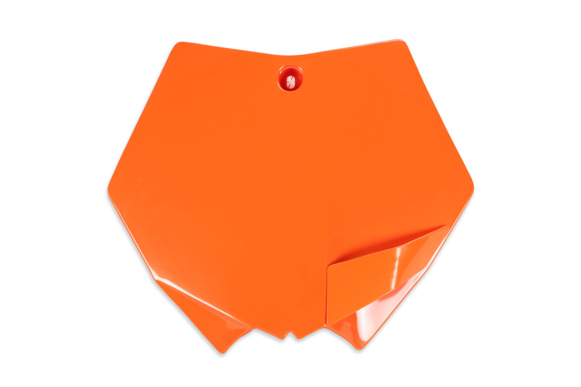 UFO Orange Front Number Plate for KTM: SMR450 (2008), SX125 (2007-2012), SX144 (2007-2008), SX150 (2009-2012), SX250 (2007-2012), SXF250 (2007-2012), SXF350 (2011-2012), SXF450 (2007-2012), SXF505 (2007-2008), XC150 (2011-2012), XC200 (2008-2010), XC250 (2008-2012), XC300 ...and more