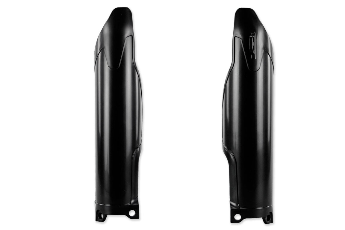 UFO Black Lower Fork Guards for Kawasaki: KLX300R (2020-2025), KX250F (2009-2026), KX250F 50th Anniversary Edition (2024), KX250X (2022-2026), KX250XC (2021), KX450F (2009-2026), KX450F 50th Anniversary Edition (2024), KX450SR (2022-2026), KX450X (2022-2026), KX450XC (2021)