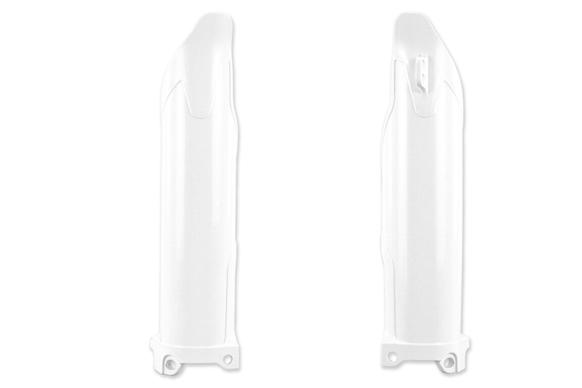 UFO White/Neutral Lower Fork Guards for Kawasaki: KLX300R (2020-2025), KX250F (2009-2026), KX250F 50th Anniversary Edition (2024), KX250X (2022-2026), KX250XC (2021), KX450F (2009-2026), KX450F 50th Anniversary Edition (2024), KX450SR (2022-2026), KX450X (2022-2026), KX450XC (2021)