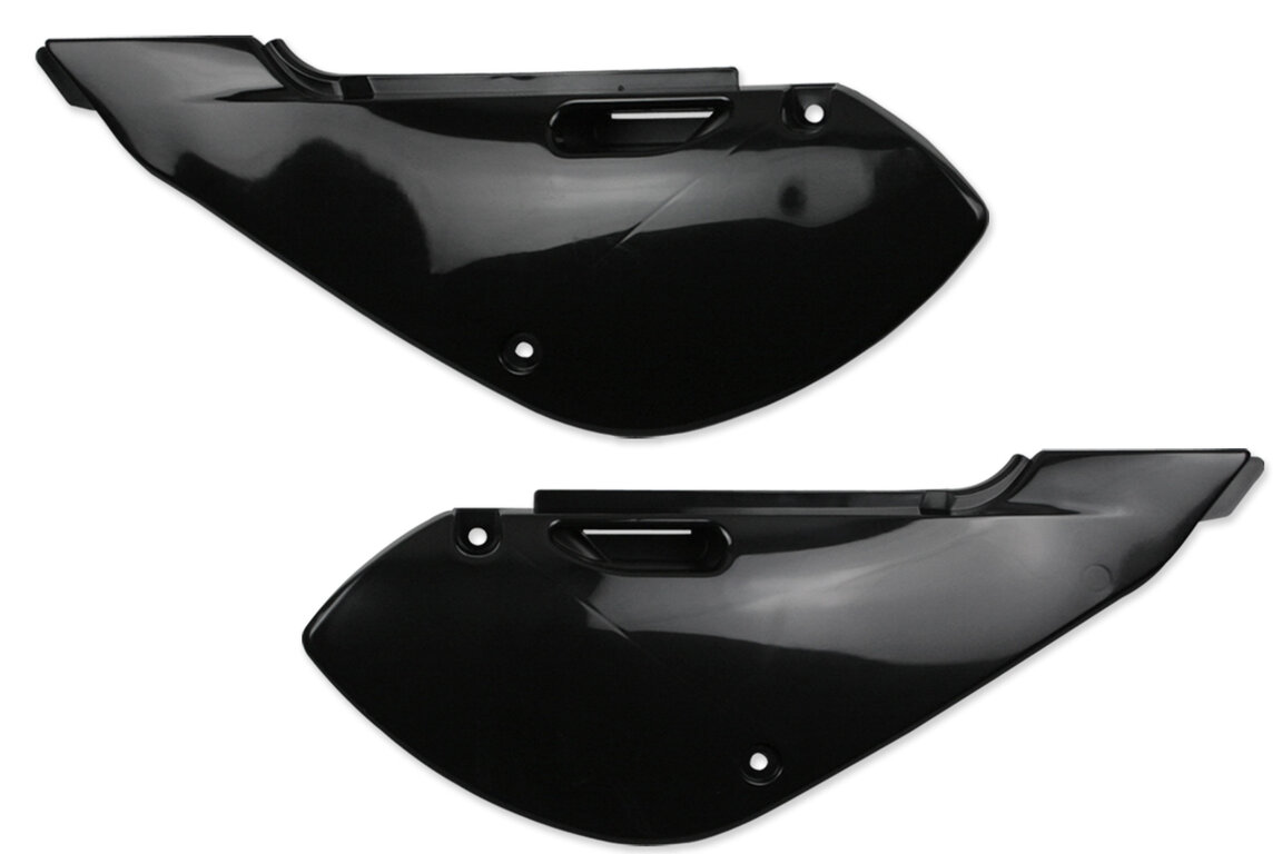 UFO Black Side Number Plates for Kawasaki: KLX110 (2001-2009), KX65 (2000-2026), Suzuki: RM65 (2003-2007)