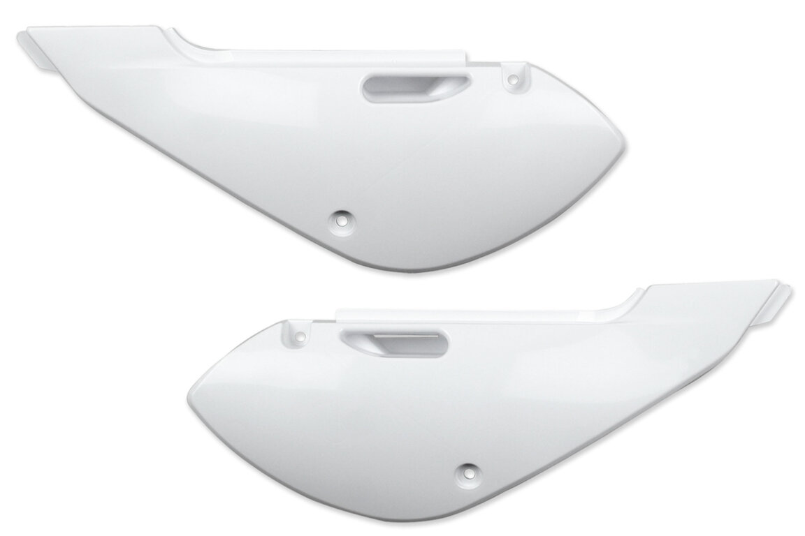UFO Cream White Side Number Plates for Kawasaki: KLX110 (2001-2009), KX65 (2000-2026), Suzuki: RM65 (2003-2007)