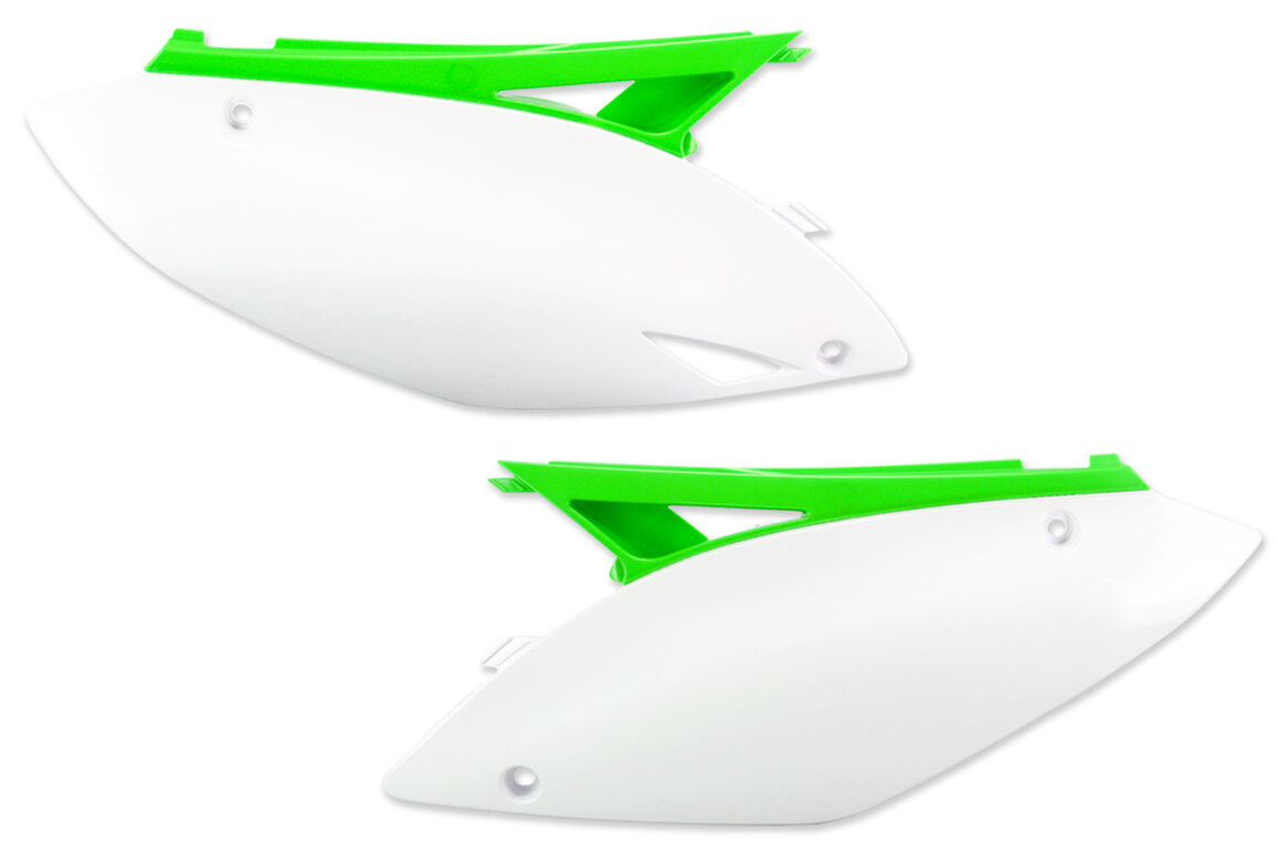 UFO White / Green Side Number Plates for Kawasaki: KX250F (2009-2012), KX450F (2009-2011)