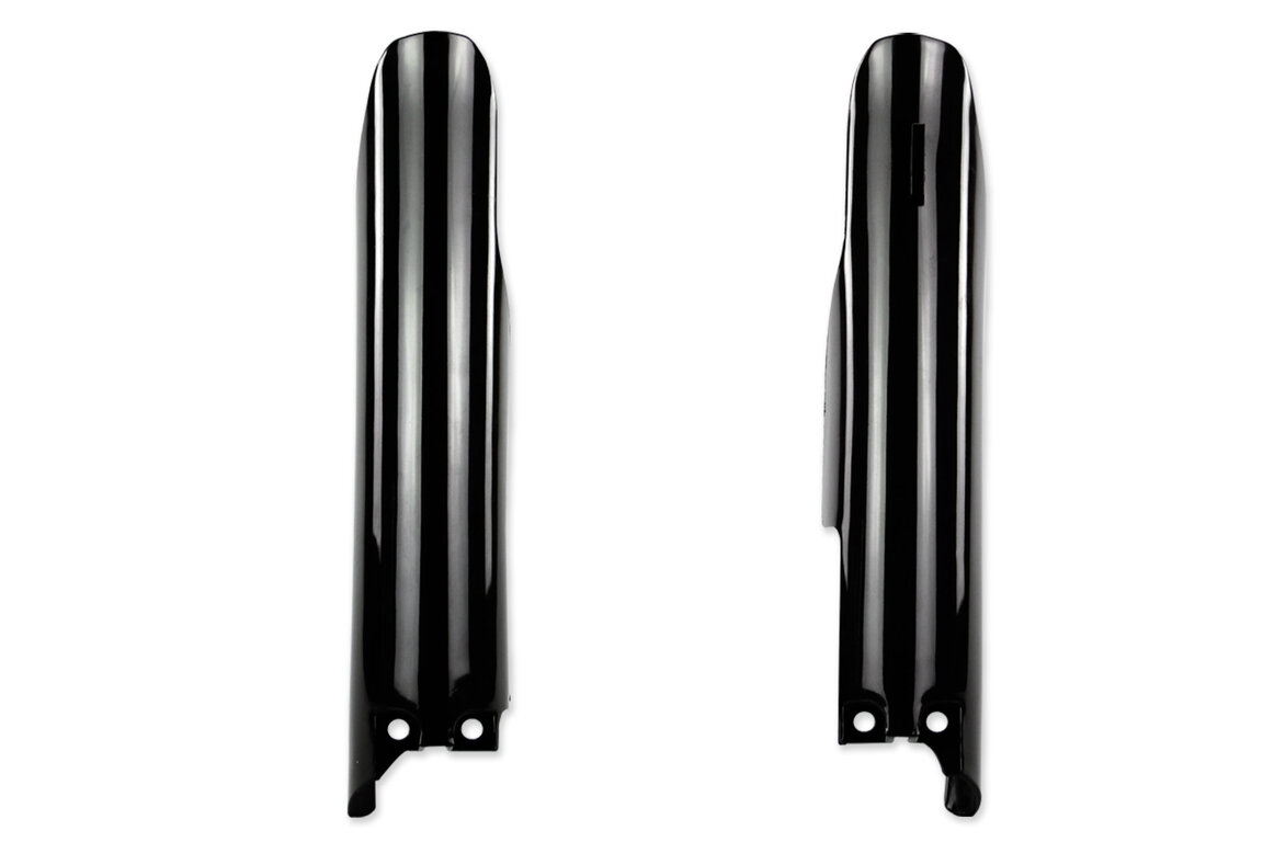 UFO Black Lower Fork Guards for Suzuki: RM125 (2004-2008), RM250 (2004-2008), RMZ250 (2007-2026), RMZ450 (2007-2026)