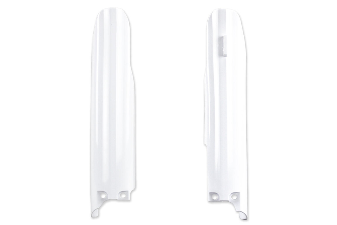 UFO White Lower Fork Guards for Suzuki: RM125 (2007-2008), RM250 (2004-2008), RMZ250 (2007-2026), RMZ450 (2007-2026)