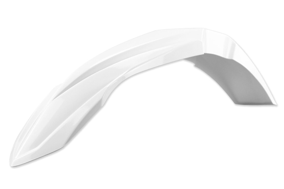 Polisport White Front Fender for Yamaha: WR250F (2012-2013, 2015-2019), WR450F (2012-2023), YZ125 (2002-2021), YZ125X (2020-2022), YZ250 (2002-2021), YZ250F (2010-2018), YZ250FX (2015-2019), YZ250X (2016-2022), YZ450F (2010-2017), YZ450FX (2016-2018)