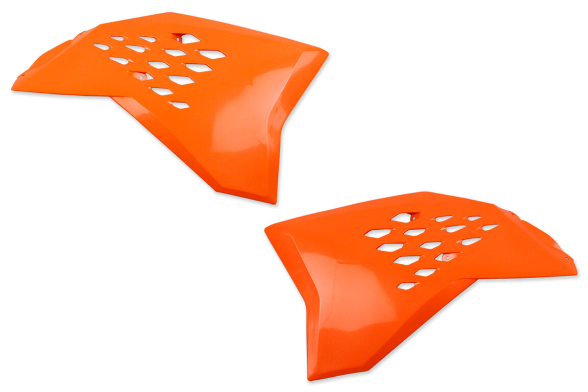 Polisport Orange Radiator Shroud Set for KTM: EXC125 (2008), EXC200 (2008), EXC250F (2008-2011), EXC300 (2008-2010), EXC400 (2011), EXC450 (2008-2011), EXC530R (2008-2011), SX125 (2007-2010), SX144 (2007-2008), SX150 (2009-2010), SX250 (2007-2010), SXF250 (2007-2010), SXF450 (200...and more
