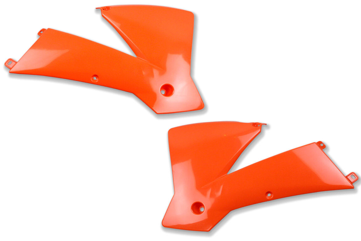 UFO Orange Radiator Shroud Set for KTM: EXC125 (2004), EXC200 (2003-2004), EXC250 (2003-2004), EXC300 (2003-2004), EXC400 (2003-2004), EXC450 (2003-2004), EXC525 (2003), MXC200 (2003), MXC300 (2003-2004), SX125 (2001-2004), SX200 (2003-2004), SX250 (2001-2004), SX380 (2002-...and more