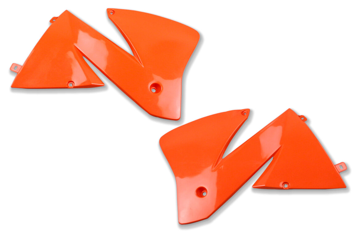Polisport Orange Radiator Shroud Set for KTM: EXC125 (2001-2002), EXC200 (2001-2002), EXC250 (2001-2002), EXC300 (2001-2002), EXC380 (2001-2002), EXC400 (2001-2002), EXC520 (2001-2002), MXC250 (2001-2002), MXC400 (2001-2002), MXC520 (2001-2002)