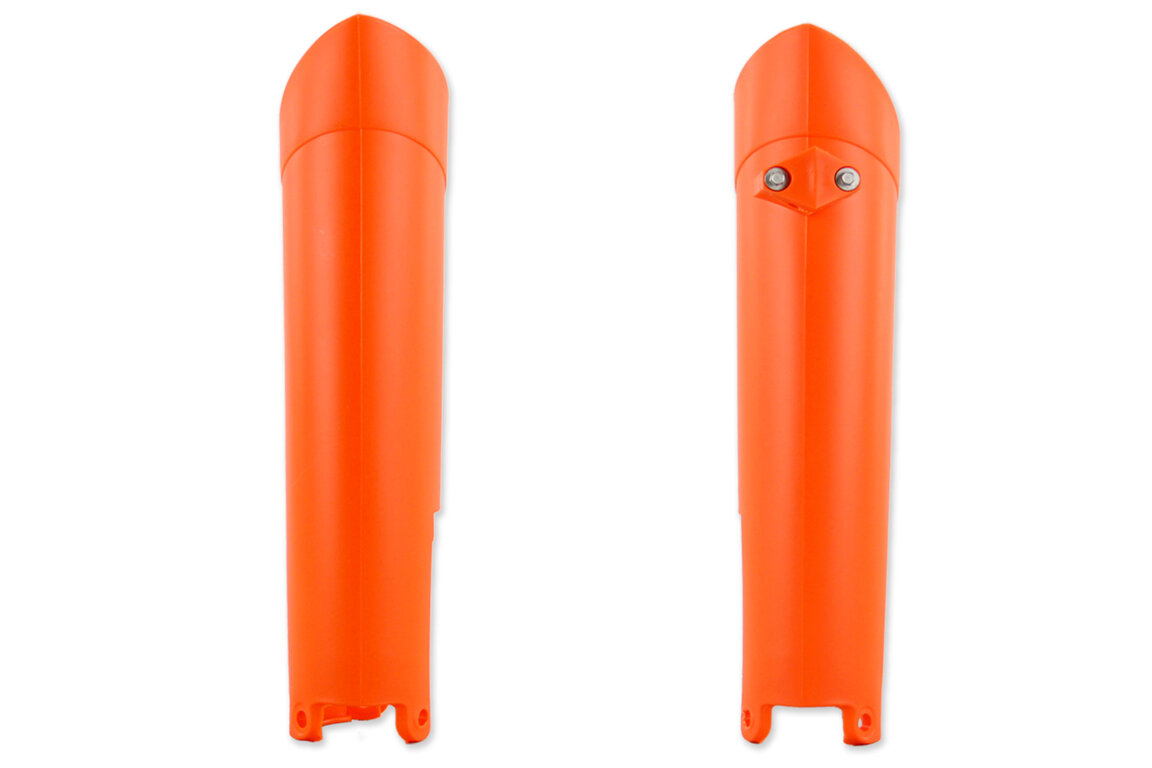 UFO Orange Lower Fork Guards for KTM: EXC125 (2008, 2012-2013), EXC200 (2008, 2012-2013), EXC250 (2012-2013), EXC250F (2008-2013), EXC300 (2008-2010, 2012-2013), EXC350F (2012-2015), EXC400 (2011), EXC450 (2008-2010, 2012-2015), EXC500 (2012-2015), EXC525 (2008), SX125 (2...and more