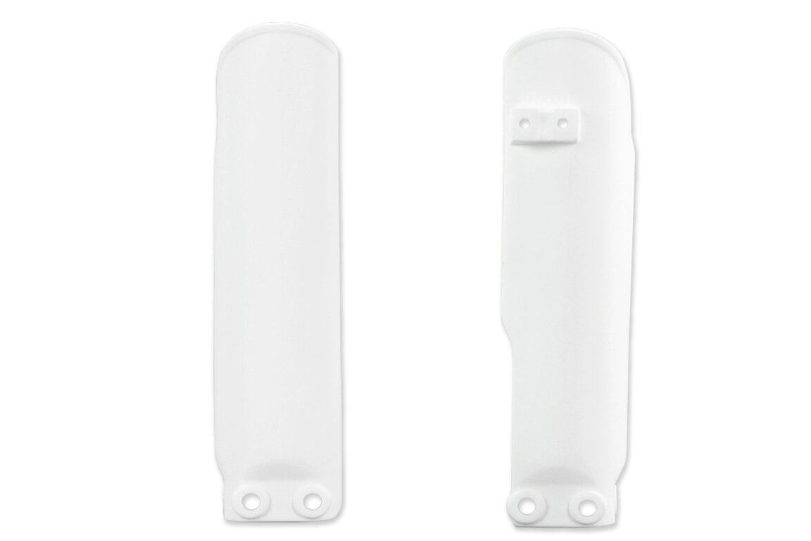 UFO White Lower Fork Guards for GasGas: MC50 (2021-2027), MC65 (2021-2023), MC-E 3 (2023-2024), MC-E 5 (2021-2025), Husqvarna: EE-3 (2023-2024), EE-5 (2020-2024), TC50 (2017-2023), TC50 Mini (2023), TC65 (2017-2023), KTM: SX50 (2023), SX50 Jr / Sr (2019-2022), SX50 MINI ...and more