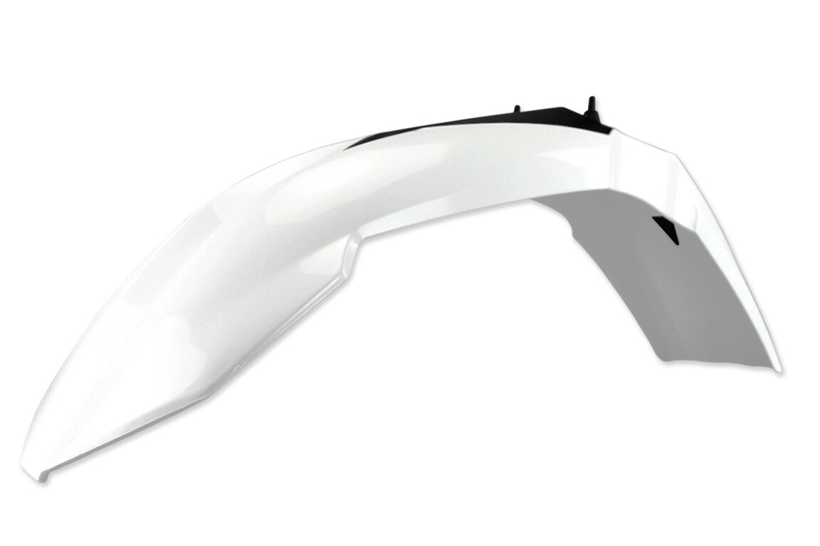 UFO White Front Fender for KTM: EXC125 (2008, 2012-2013), EXC200 (2008, 2012-2013), EXC250 (2012-2013), EXC250F (2008-2013), EXC300 (2008-2010, 2012-2013), EXC350F (2012-2013), EXC400 (2011), EXC450 (2008-2013), EXC500 (2012-2013), EXC525 (2008), EXC530R (2008-2011)...and more