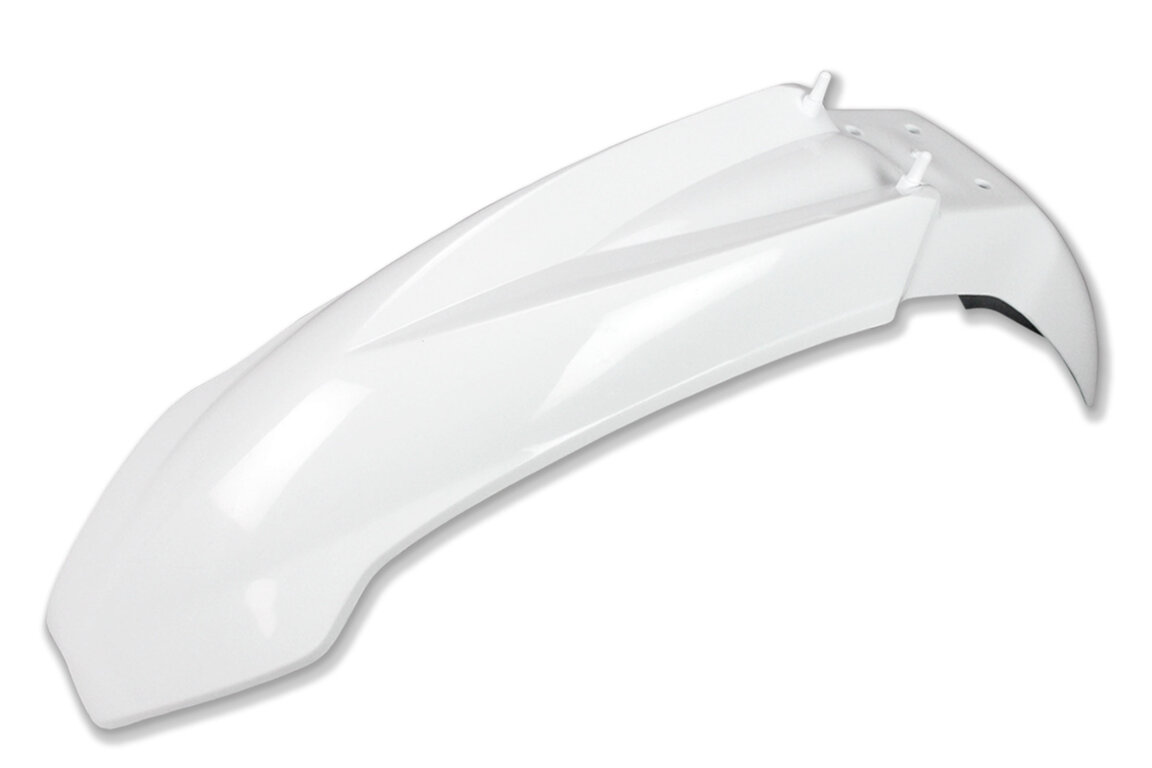 UFO White Front Fender for KTM: EXC125 (1999-2007), EXC200 (1999-2006), EXC250 (1999-2007), EXC300 (1999-2007), EXC380 (1999-2002), EXC400 (2000-2007), EXC450 (2003-2007), EXC520 (2000-2002), EXC525 (2003-2007), MXC200 (1999-2003), MXC250 (1999-2002), MXC300 (1999-2...and more