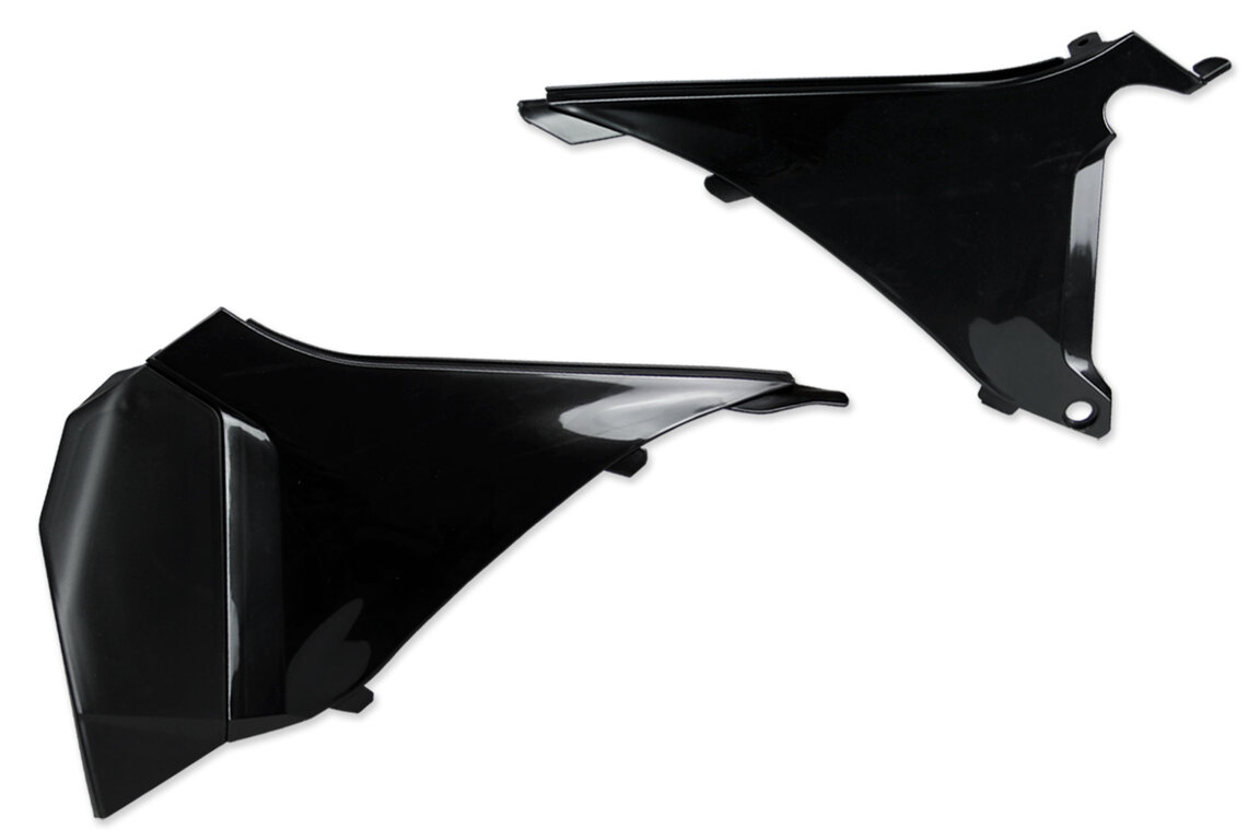 UFO Black Airbox Covers for KTM: EXC125 (2012-2013), EXC200 (2012-2013), EXC250 (2012-2013), EXC250F (2012-2013), EXC300 (2012-2013), EXC350F (2012-2013), EXC450 (2012-2013), EXC500 (2012-2013), SX125 (2011), SX150 (2011), SX250 (2011), XC150 (2011), XC250 (2011), XC300 (2011)