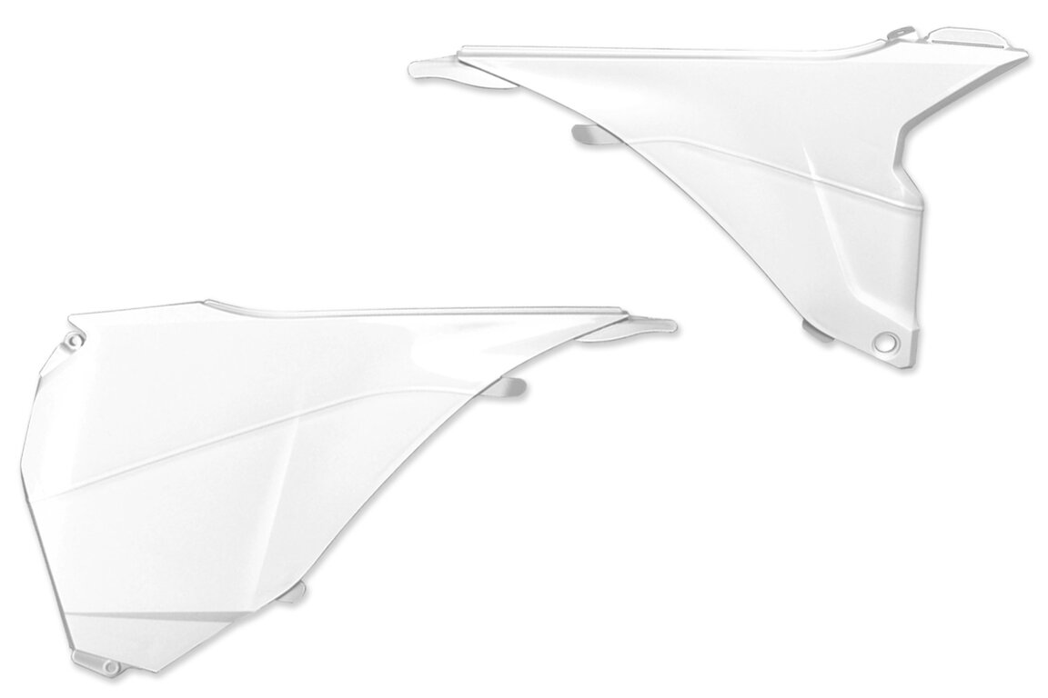 Polisport White Airbox Covers for KTM: SX125 (2013-2015), SX150 (2013-2015), SX250 (2013-2016), SXF250 (2013-2015), SXF350 (2013-2015), SXF450 (2013-2015), SXF450FE (2012-2014), XC150 (2013-2014), XC250 (2013-2016), XC300 (2013-2016), XCF250 (2013-2014), XCF350 (2013-2014)...and more