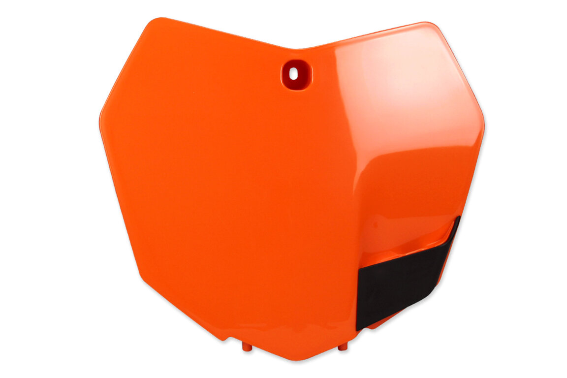 UFO Orange Front Number Plate for KTM: SX125 (2013-2015), SX150 (2013-2015), SX250 (2013-2016), SXF250 (2013-2015), SXF350 (2013-2015), SXF450 (2013-2015), SXF450FE (2012-2014), XC150 (2013-2015), XC250 (2013-2016), XC300 (2013-2016), XCF250 (2013-2015), XCF350 (2013-2015)...and more