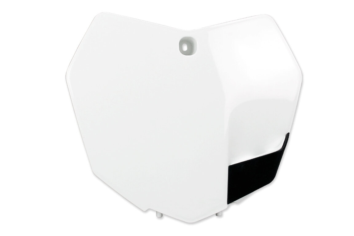 UFO White Front Number Plate for KTM: SX125 (2013-2015), SX150 (2013-2015), SX250 (2013-2016), SXF250 (2013-2015), SXF350 (2013-2015), SXF450 (2013-2015), SXF450FE (2012-2014), XC150 (2013-2015), XC250 (2013-2016), XC300 (2013-2016), XCF250 (2013-2015), XCF350 (2013-2015)...and more