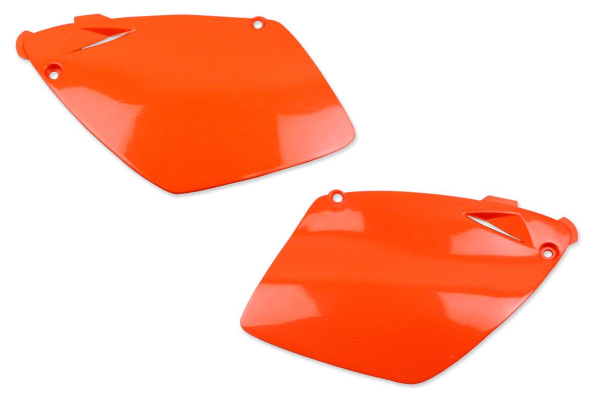Polisport Orange Side Number Plates for KTM: EXC200 (1999-2003), EXC250 (1999-2003), EXC300 (1999-2003), EXC380 (1999-2002), EXC400 (2003), EXC450 (2003), EXC525 (2003), MXC200 (1999-2003), MXC250 (1999-2002), MXC300 (1999-2003), MXC380 (1999-2002), MXC400 (1999-2002), MXC520 (2...and more