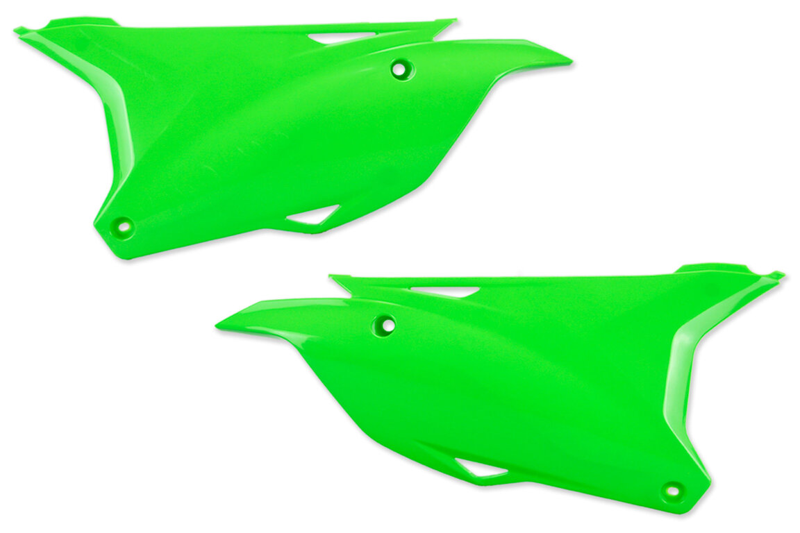 UFO Green Side Number Plates for Kawasaki: KX100 (2014-2021), KX112 (2022-2025), KX85 (2014-2025)