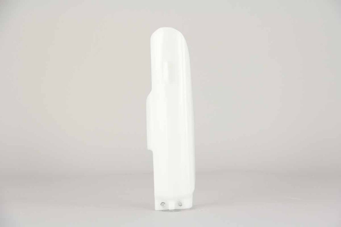 Left Side UFO White Lower Fork Guards replacement plastics for 05-26 Suzuki RM85 dirt bikes.