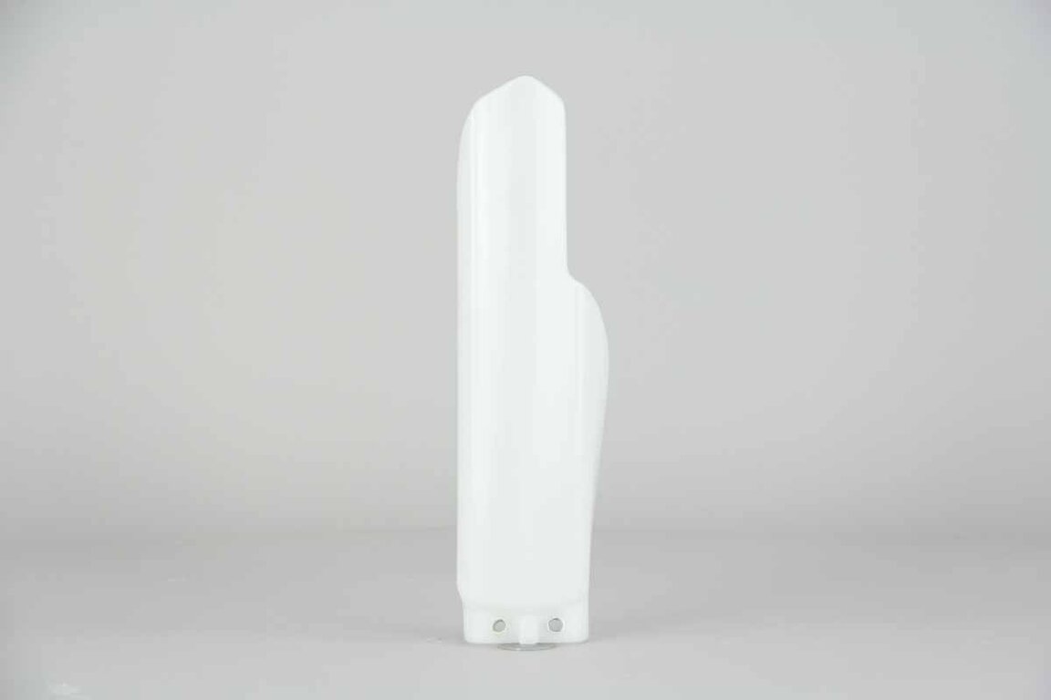 Right Side UFO White Lower Fork Guards replacement plastics for 05-26 Suzuki RM85 dirt bikes.