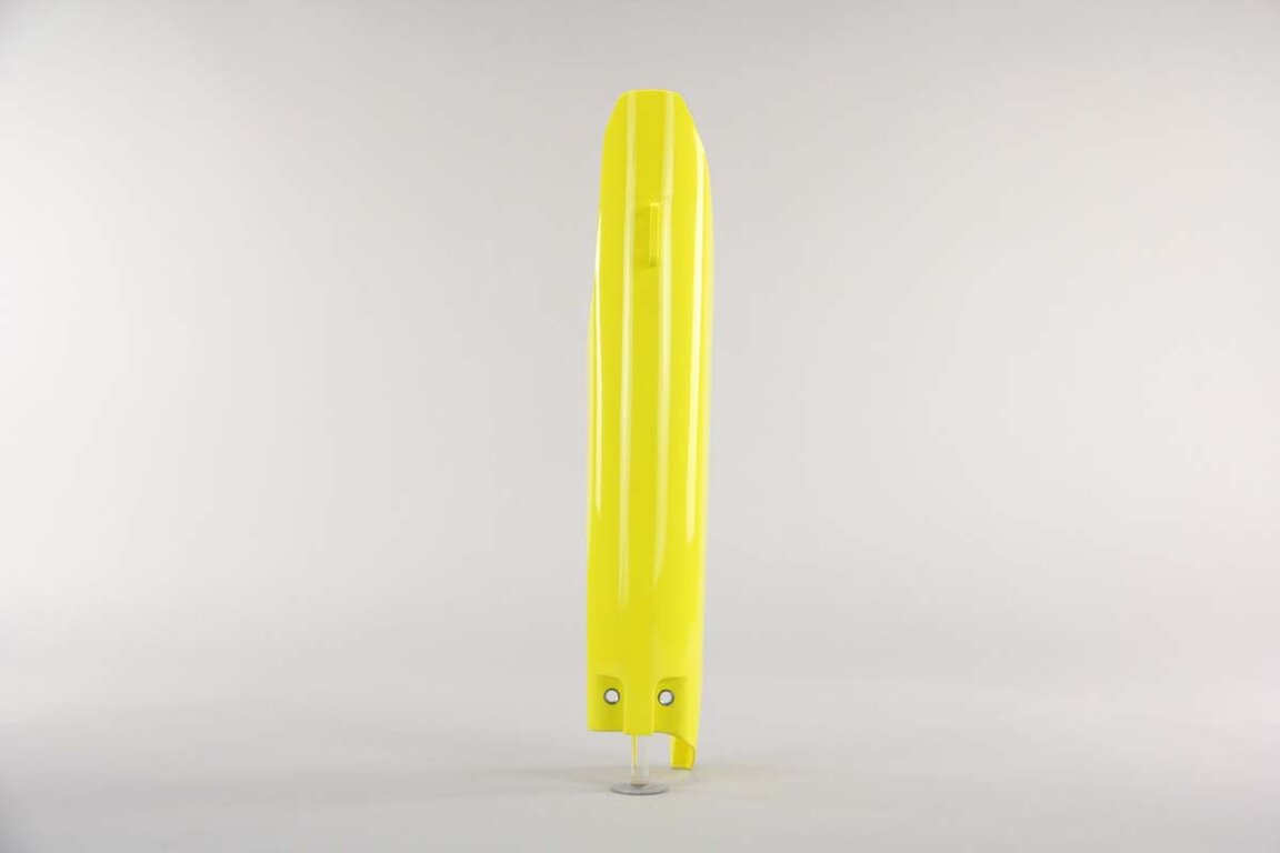 Left Side UFO Yellow Lower Fork Guards replacement plastics for 04-26 Suzuki RM125, RM250, RMZ250, RMZ450 dirt bikes.