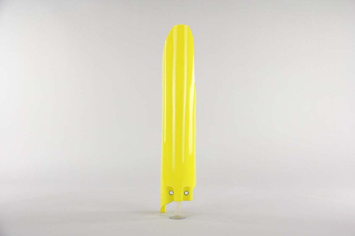 Right Side UFO Yellow Lower Fork Guards replacement plastics for 04-26 Suzuki RM125, RM250, RMZ250, RMZ450 dirt bikes.