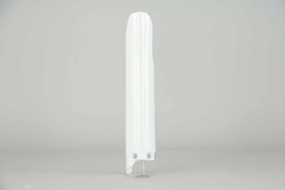 Right Side Polisport White Lower Fork Guards replacement plastics for 04-26 Suzuki RM125, RM250, RMZ250, RMZ450 dirt bikes.