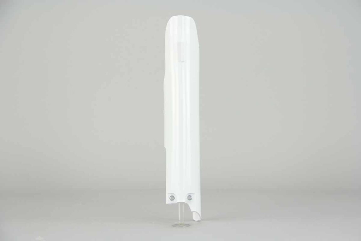 Left Side Polisport White Lower Fork Guards replacement plastics for 04-26 Suzuki RM125, RM250, RMZ250, RMZ450 dirt bikes.